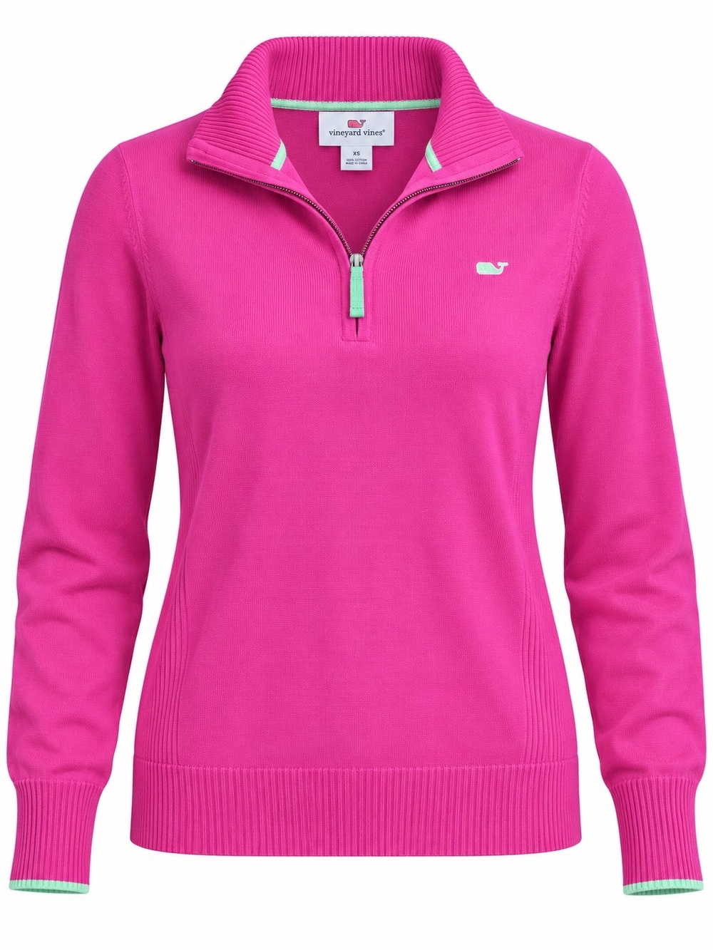 VINEYARD VINES | Hot Pink Pistachio 100% Cotton Quarter Zip Logo Sweater | XS